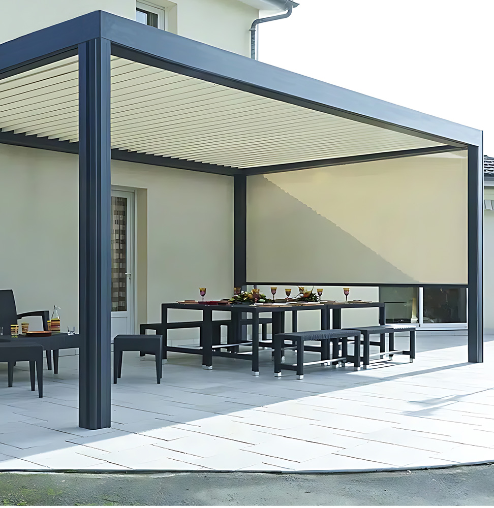 Photo of a pergola that is semi attached to a wall with 2 sides open